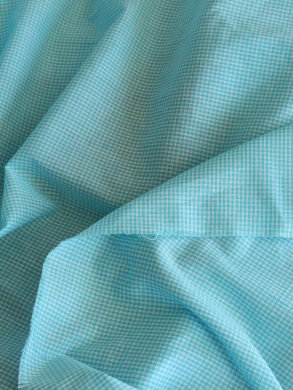 Vintage 1970s 1980s Blue Gingham Print Fabric, 60" x 45", Robins Egg